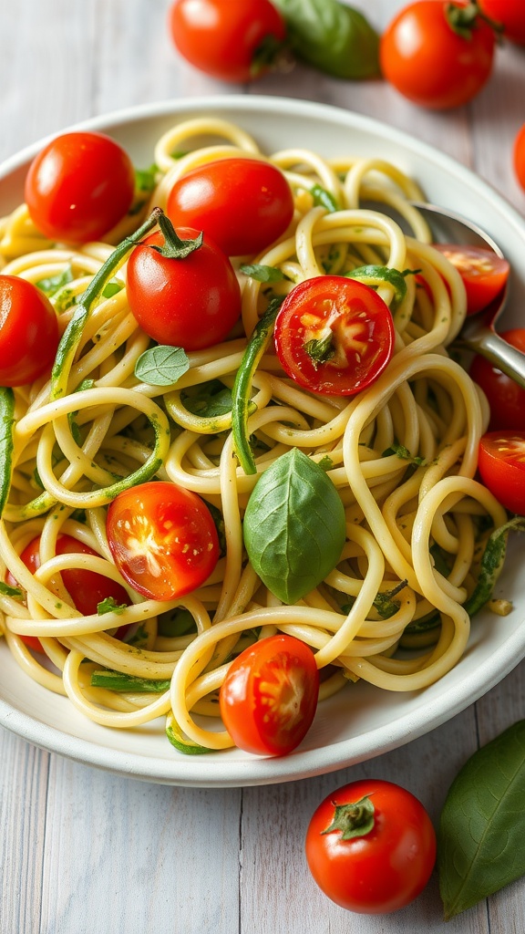 A bowl of zucchini noodle salad topped with pesto and cherry tomatoes on a wooden surface.