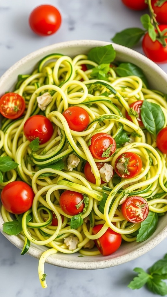 A bowl of zucchini noodles with cherry tomatoes and pesto.