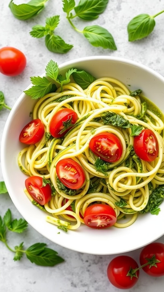 A bowl of zucchini noodles with pesto sauce, garnished with cherry tomatoes and fresh basil.