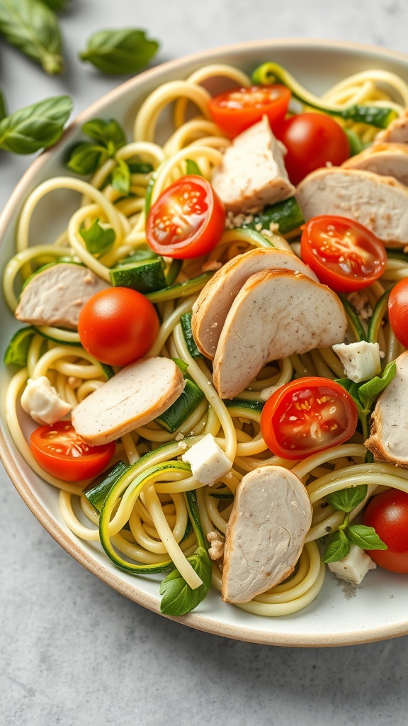 A colorful zucchini noodle salad with turkey, cherry tomatoes, and basil.