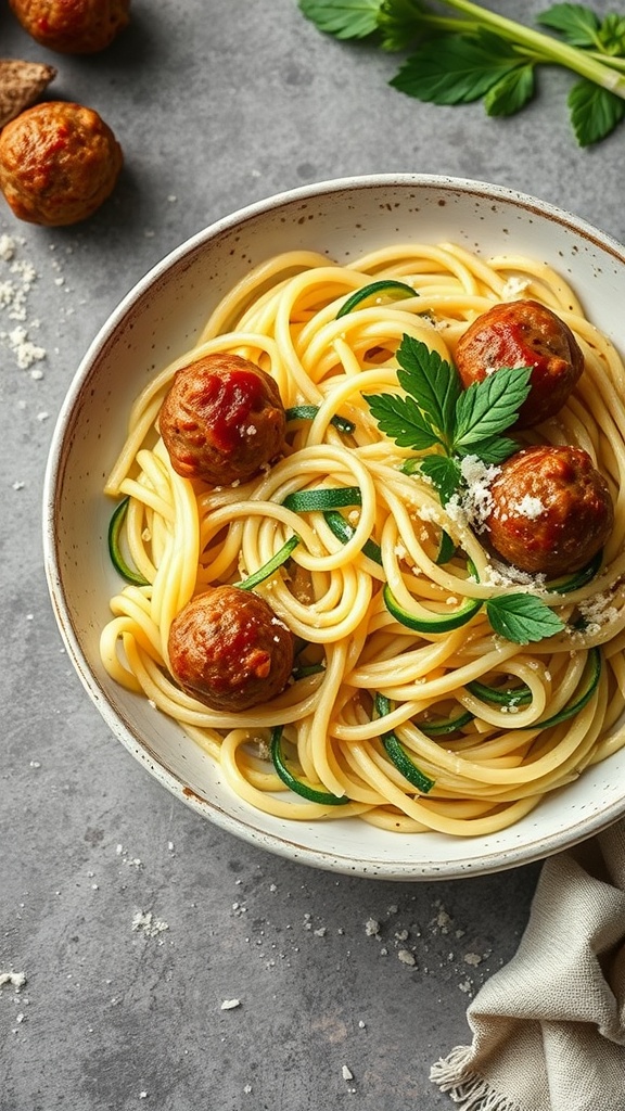 A bowl of zucchini noodle spaghetti with meatballs and fresh herbs.