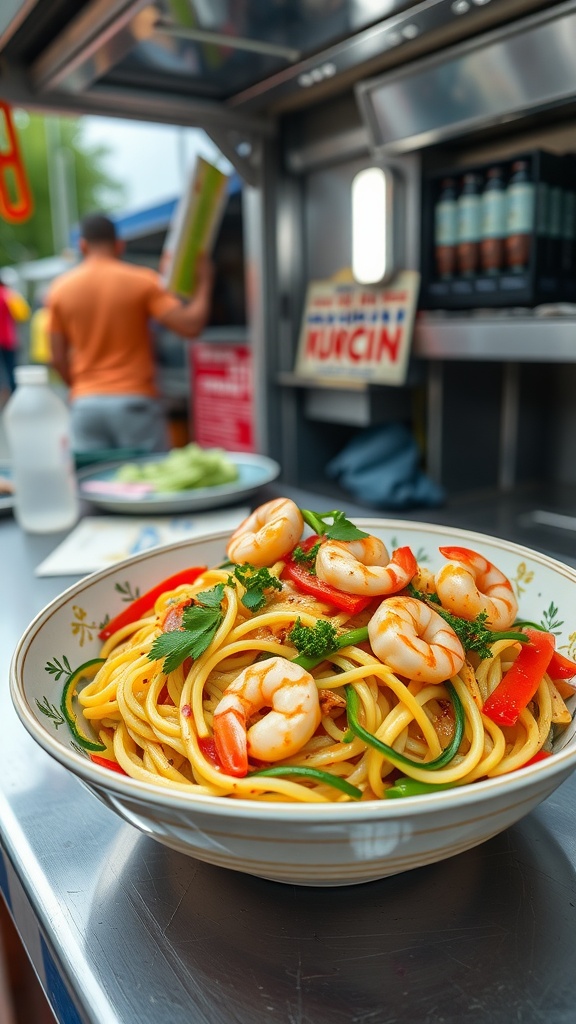 A delicious zucchini noodle stir-fry with shrimp and colorful vegetables