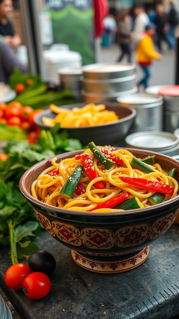 A vibrant bowl of zucchini noodle stir-fry with colorful veggies