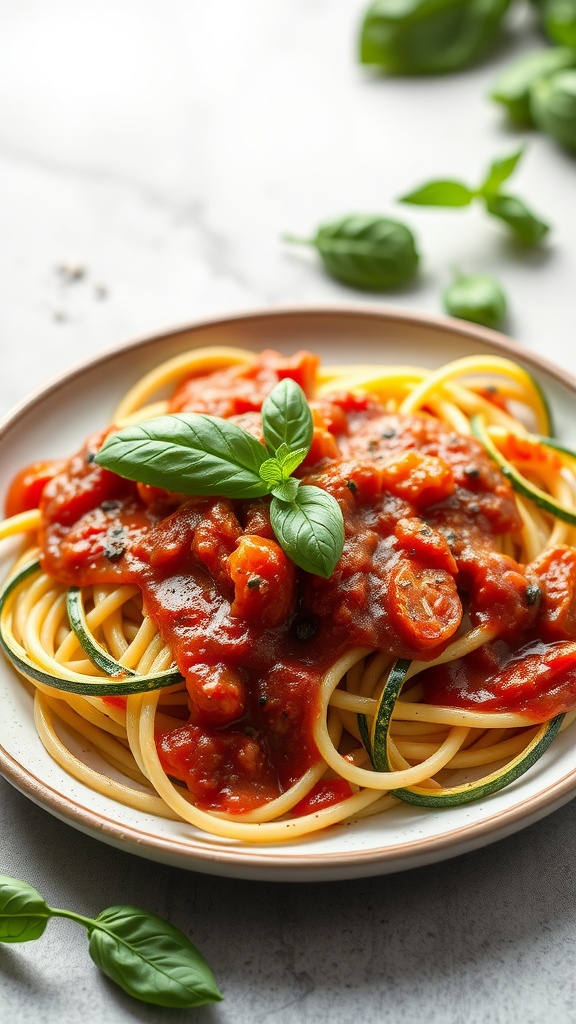 A plate of zucchini noodles topped with tomato sauce and fresh basil.