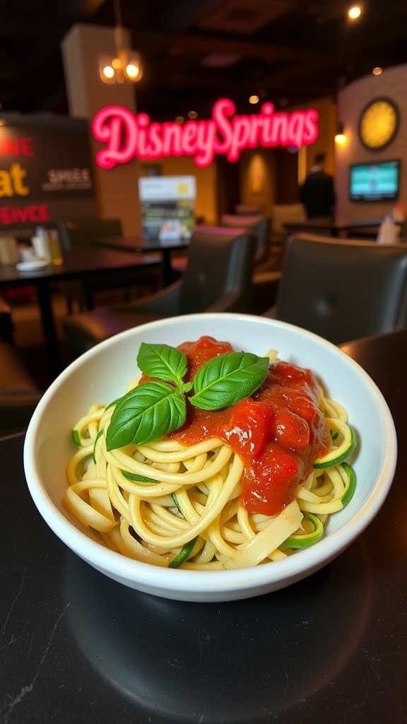 Bowl of zucchini noodles topped with tomato sauce and basil at Disney Springs.