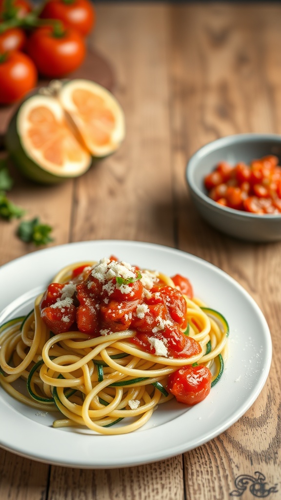 A plate of zucchini noodles topped with tomato sauce and cheese, surrounded by fresh tomatoes and citrus.