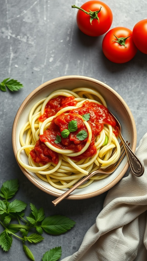 A bowl of zucchini noodles with tomato sauce and fresh herbs.