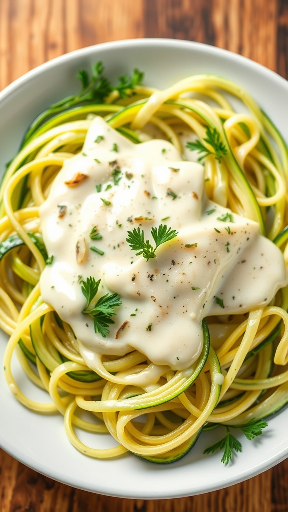 A plate of zucchini noodles topped with creamy Alfredo sauce and garnished with parsley.