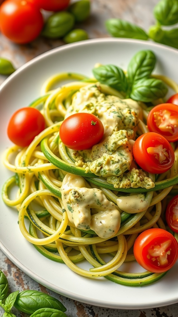 A bowl of zucchini noodles topped with avocado pesto, cherry tomatoes, and basil leaves.