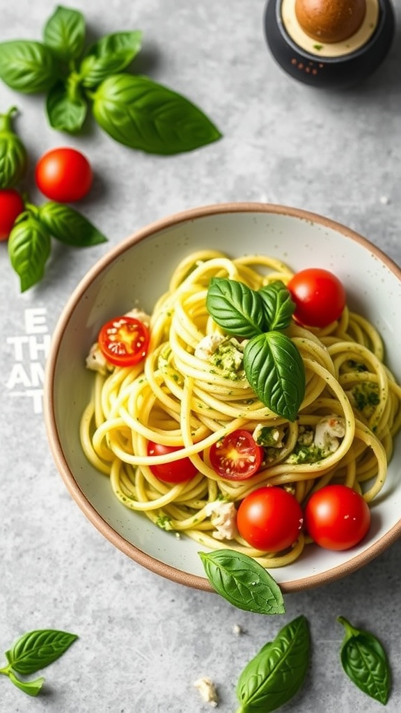 A bowl of zucchini noodles topped with avocado pesto and cherry tomatoes, garnished with fresh basil leaves.