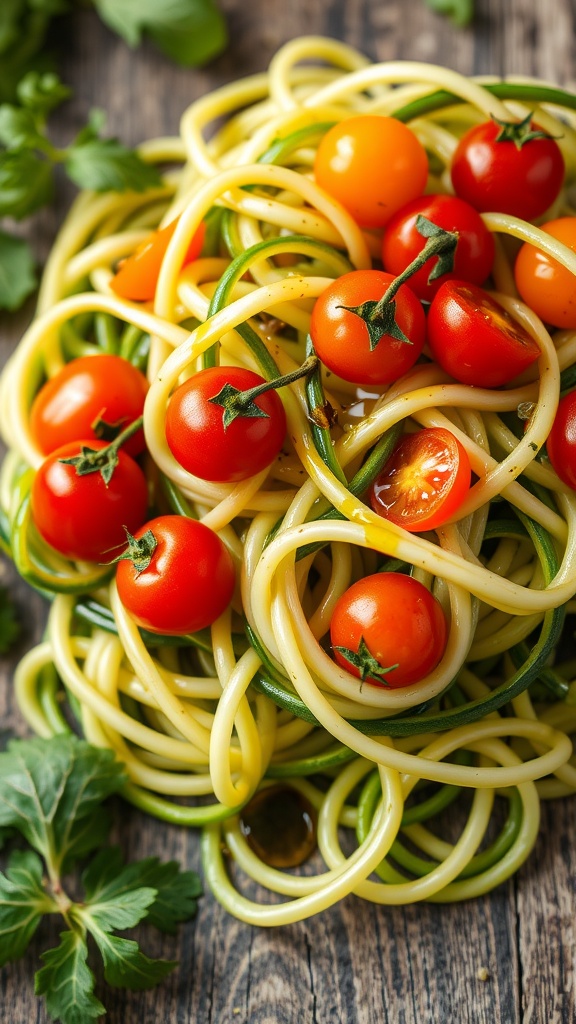 A plate of zucchini noodles topped with bright cherry tomatoes.