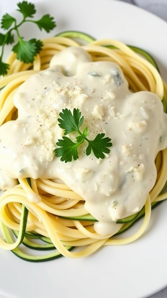 Zucchini noodles topped with creamy Alfredo sauce and garnished with cilantro