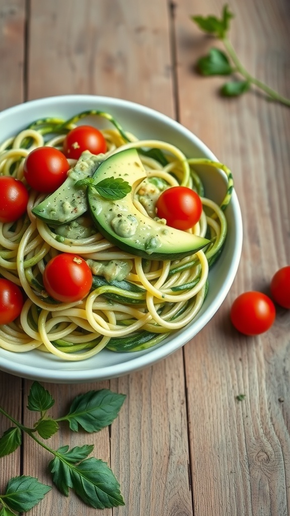 Zucchini noodles topped with creamy avocado sauce and cherry tomatoes in a bowl on a wooden table.