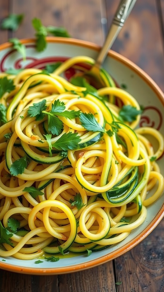 A bowl of zucchini noodles topped with garlic and olive oil, garnished with fresh parsley.