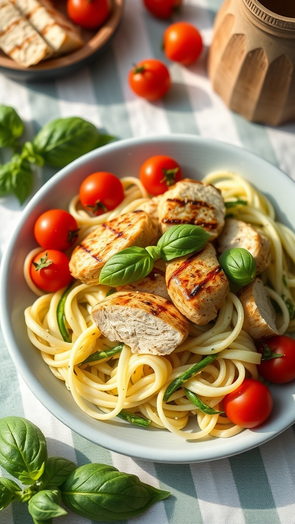 A bowl of zucchini noodles topped with grilled chicken, cherry tomatoes, and fresh basil.