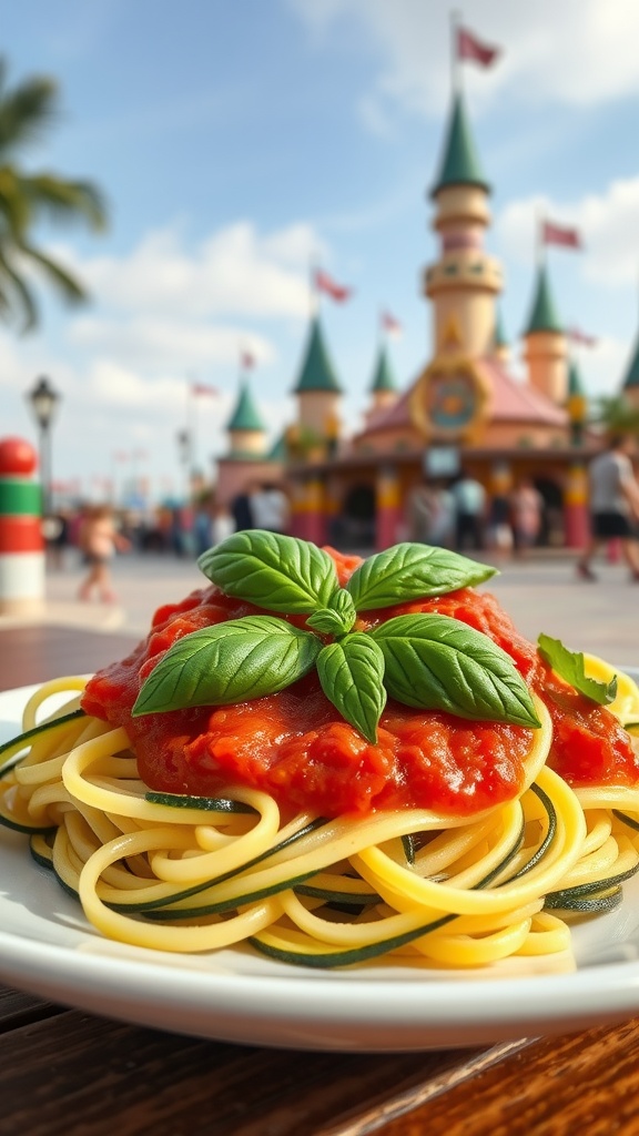 Plate of zucchini noodles topped with marinara sauce and fresh basil, with a theme park in the background.