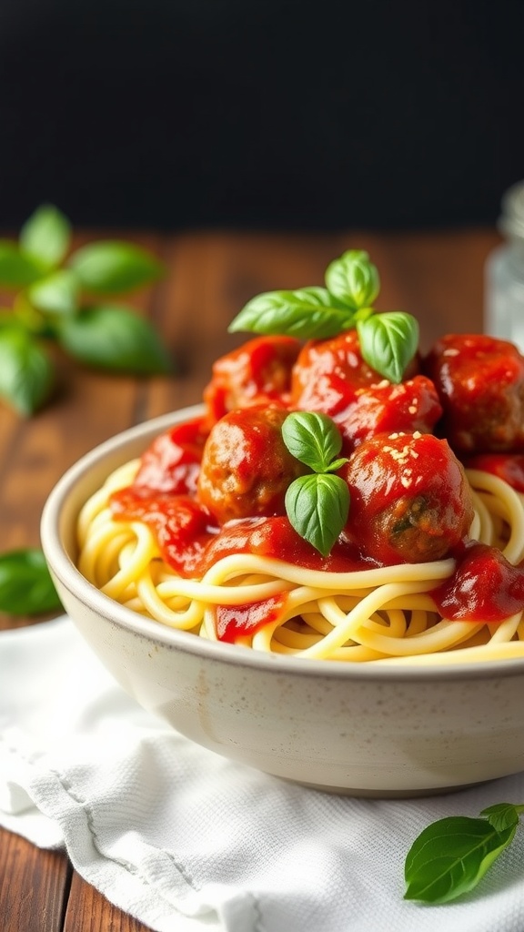 A bowl of zucchini noodles topped with meatballs and marinara sauce, garnished with fresh basil.