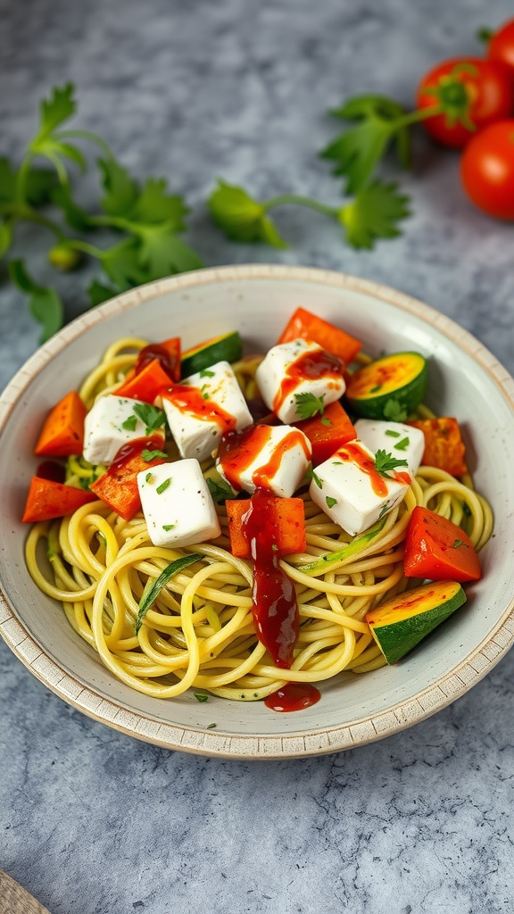 A bowl of zucchini noodles topped with paneer and colorful vegetables.