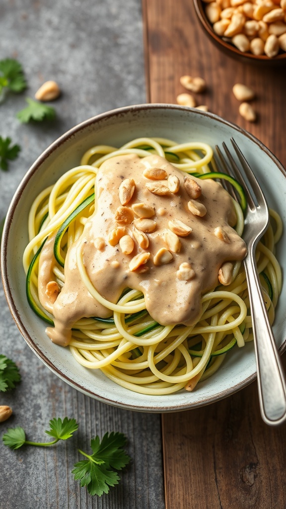 A bowl of zucchini noodles with peanut sauce, garnished with chopped peanuts and cilantro.