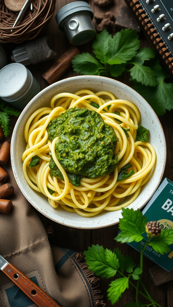 A bowl of zucchini noodles topped with pesto, surrounded by greenery and camping gear.