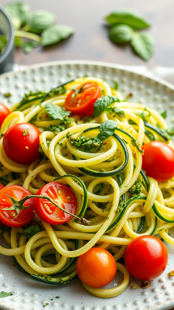A plate of zucchini noodles with cherry tomatoes and fresh basil.