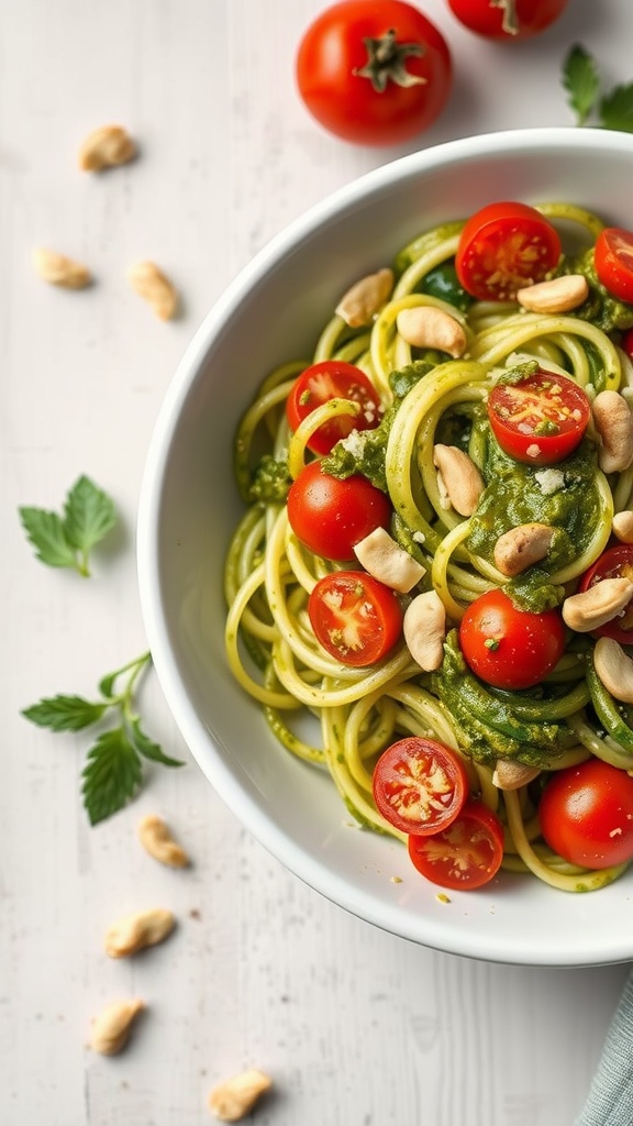 A bowl of zucchini noodles topped with pesto and grated cheese.