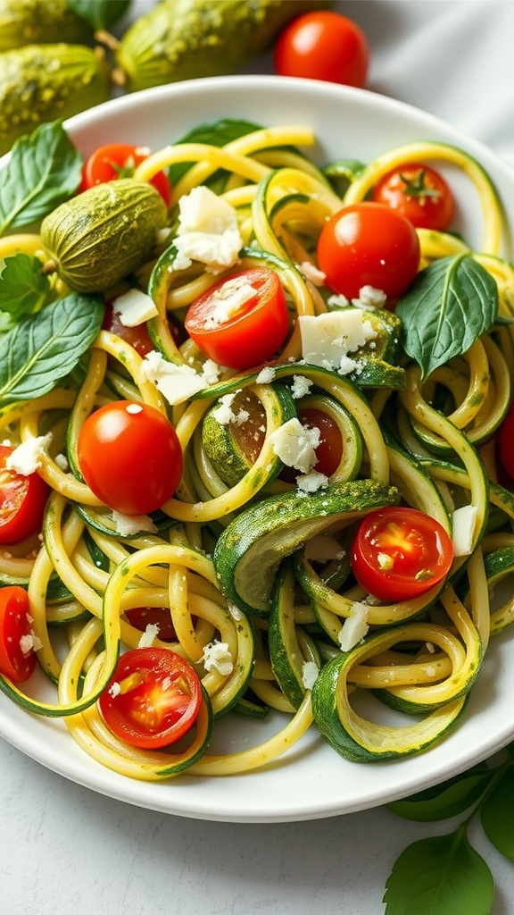 A plate of zucchini noodles with pesto, cherry tomatoes, and cheese.