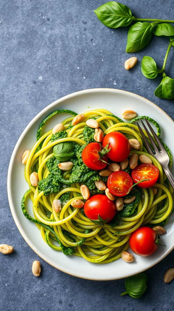 A plate of zucchini noodles topped with pesto, cherry tomatoes, and nuts.