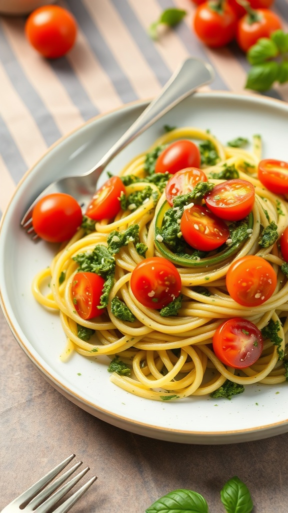 A plate of zucchini noodles topped with pesto and cherry tomatoes.