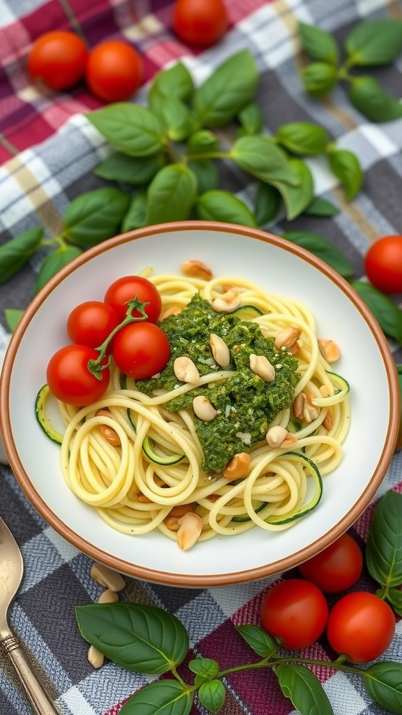 A bowl of zucchini noodles with pesto, topped with pine nuts and cherry tomatoes on a picnic blanket.