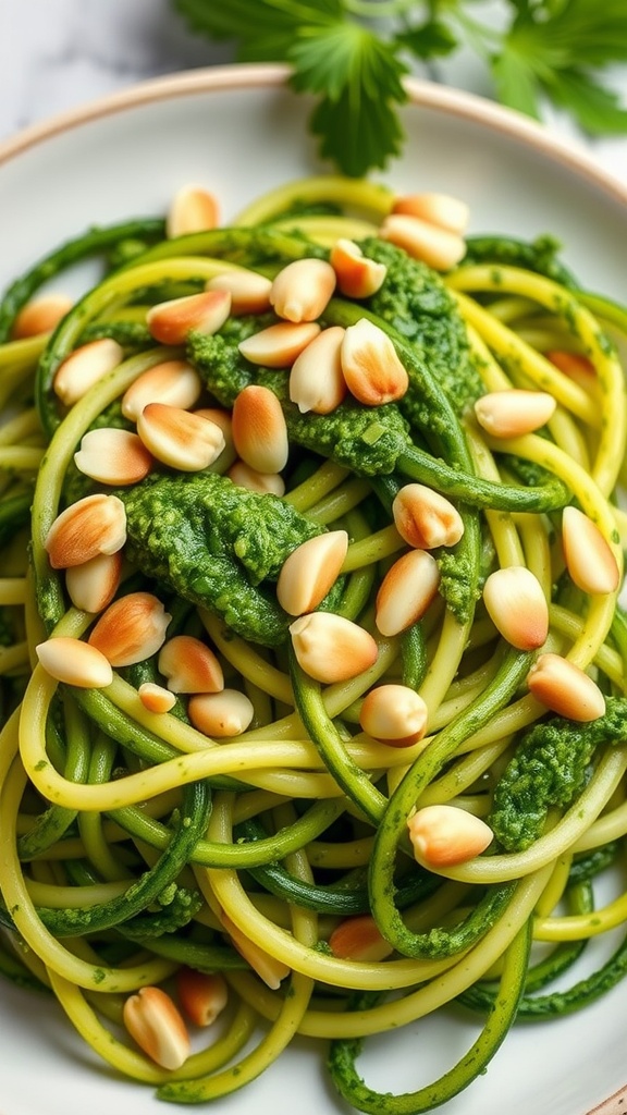 A plate of zucchini noodles topped with green pesto and toasted nuts.