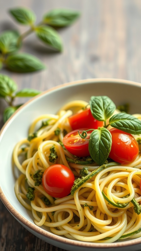 A bowl of zucchini noodles with pesto, garnished with cherry tomatoes and fresh basil.