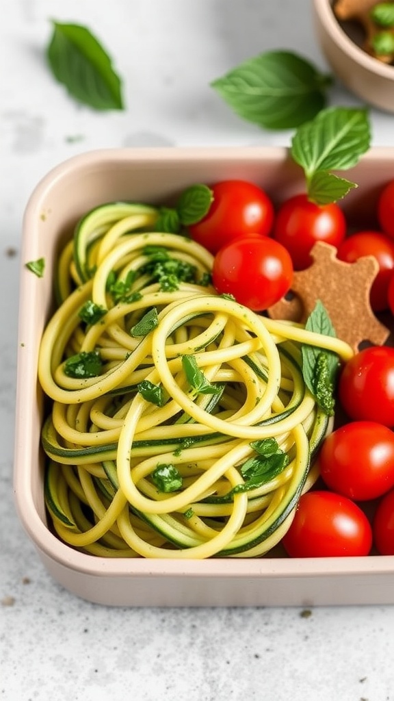 A container filled with zucchini noodles topped with pesto and cherry tomatoes.