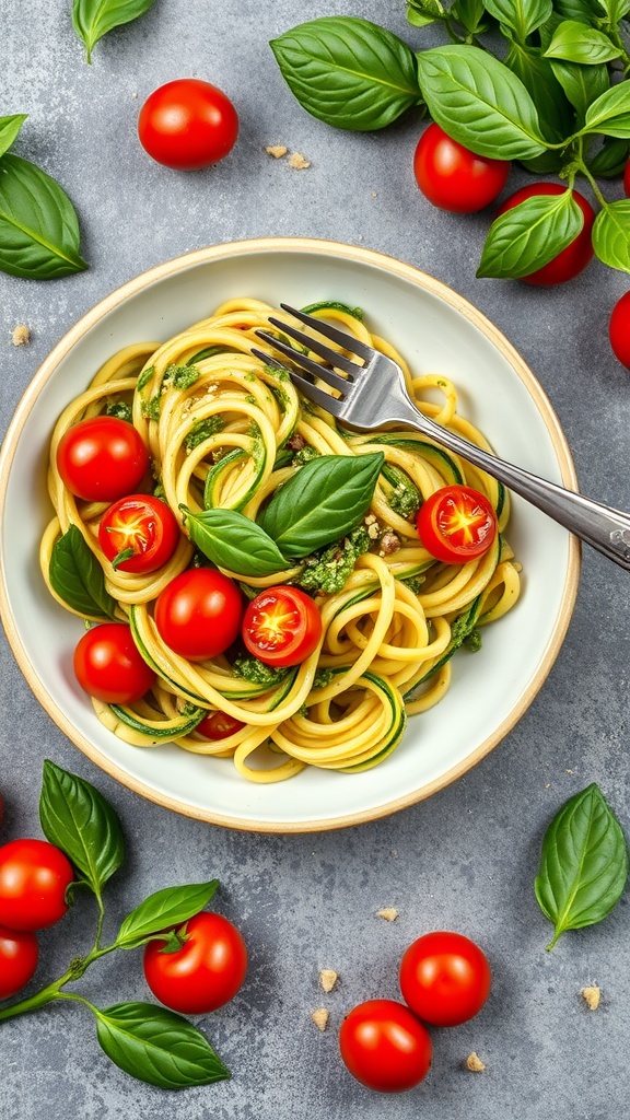 A bowl of zucchini noodles with pesto, garnished with cherry tomatoes and basil.