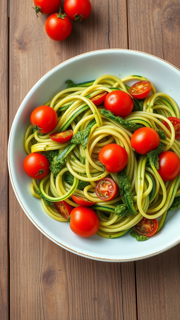 A bowl of zucchini noodles with pesto and cherry tomatoes.