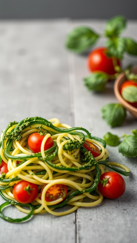 A plate of zucchini noodles topped with pesto and pine nuts, set in a garden background.