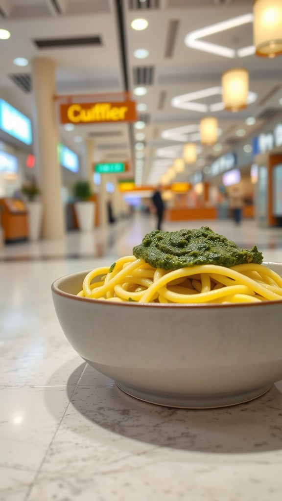 A bowl of zucchini noodles topped with pesto in an airport terminal.