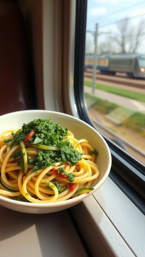 A bowl of zucchini noodles with pesto sitting by a train window.