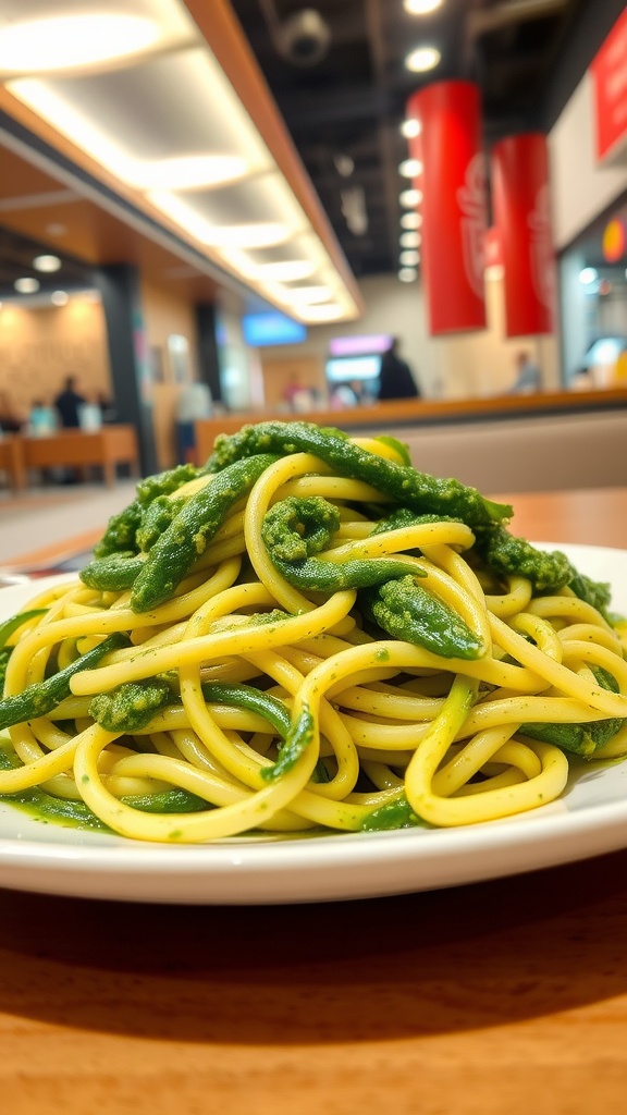 A plate of zucchini noodles topped with green pesto sauce.