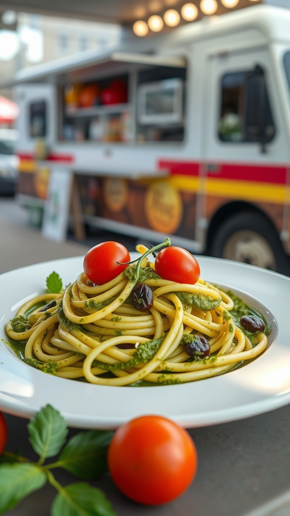 A plate of zucchini noodles with pesto, topped with cherry tomatoes and olives, with a food truck in the background.