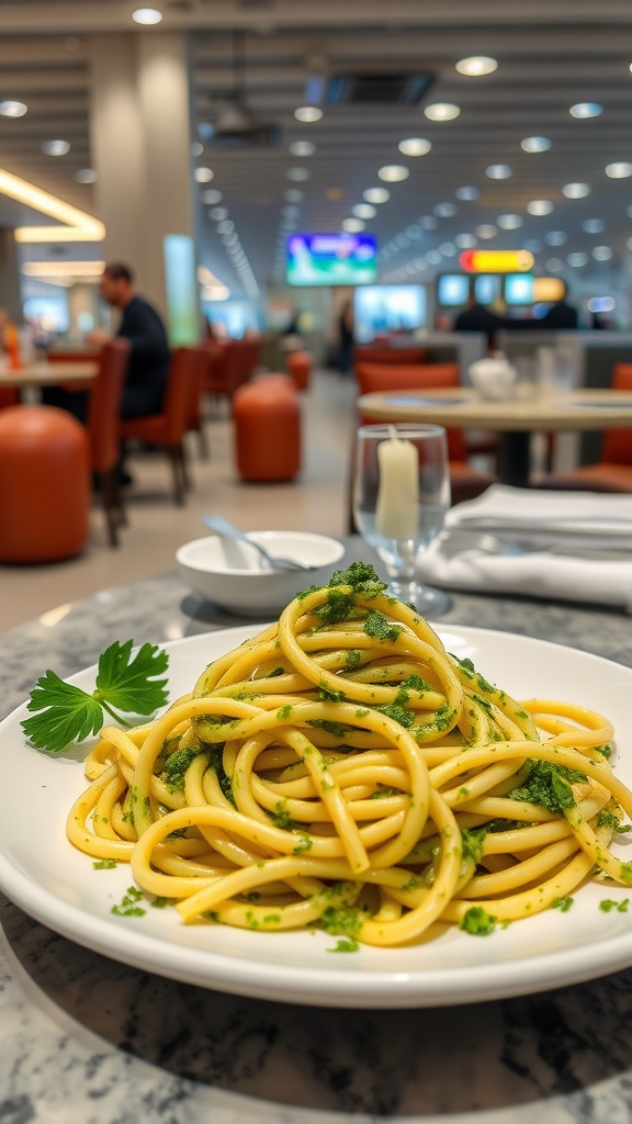 A plate of zucchini noodles topped with pesto, garnished with parsley, in a modern airport setting.