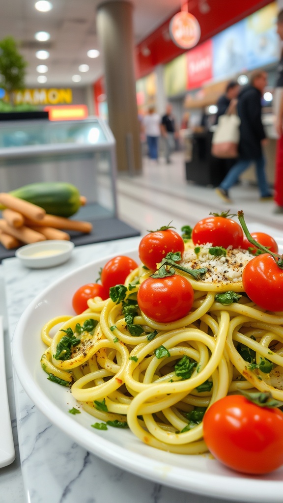 A plate of zucchini noodles topped with pesto and cherry tomatoes in a food court setting.