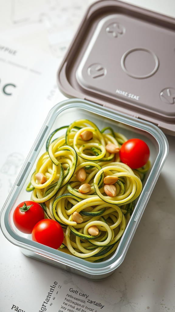 A container filled with zucchini noodles, cherry tomatoes, and nuts, ready for lunch.