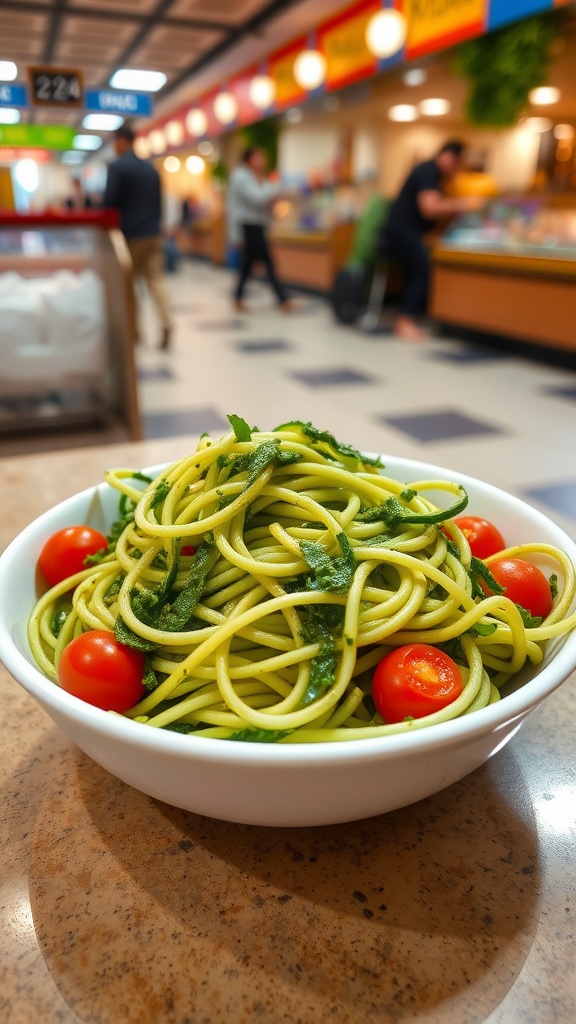 A bowl of zucchini noodles with pesto and cherry tomatoes in a food court setting.