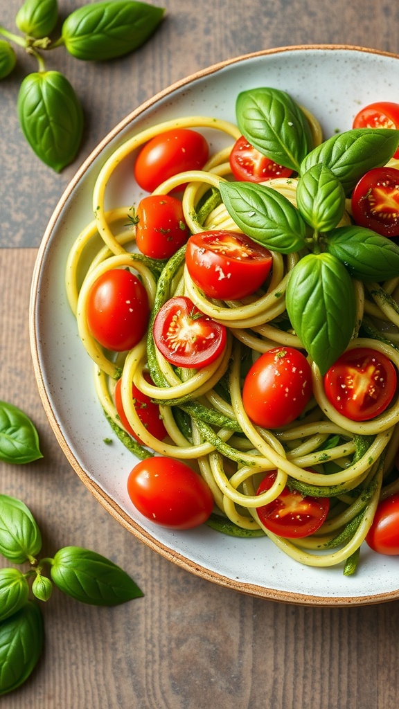 A plate of zucchini noodles topped with pesto and cherry tomatoes, garnished with fresh basil.