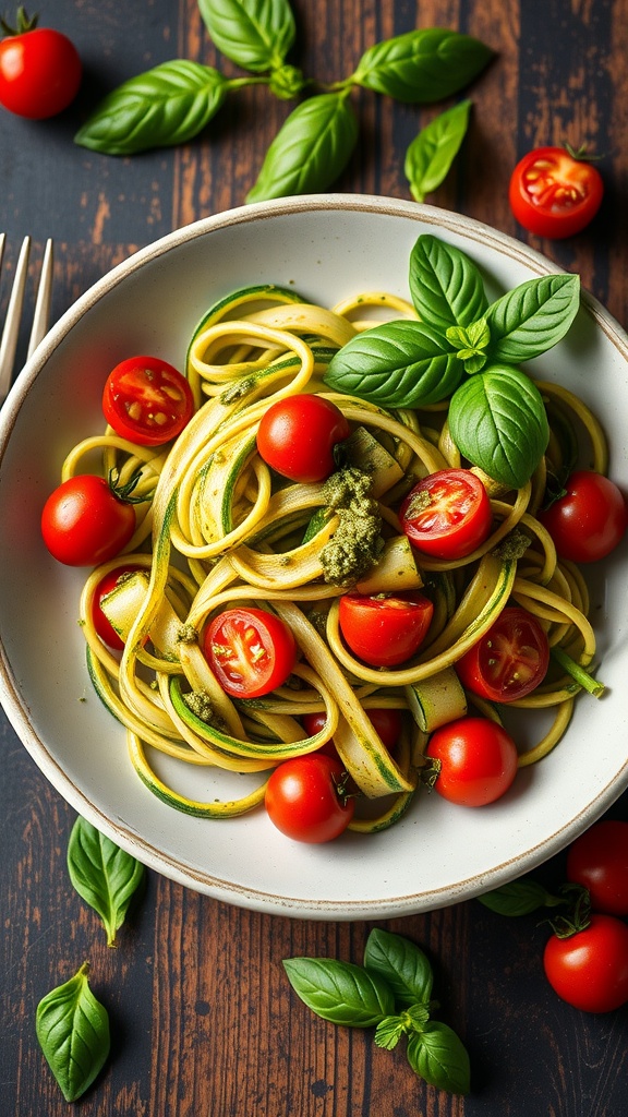 A bowl of zucchini noodles topped with pesto and cherry tomatoes, garnished with fresh basil.