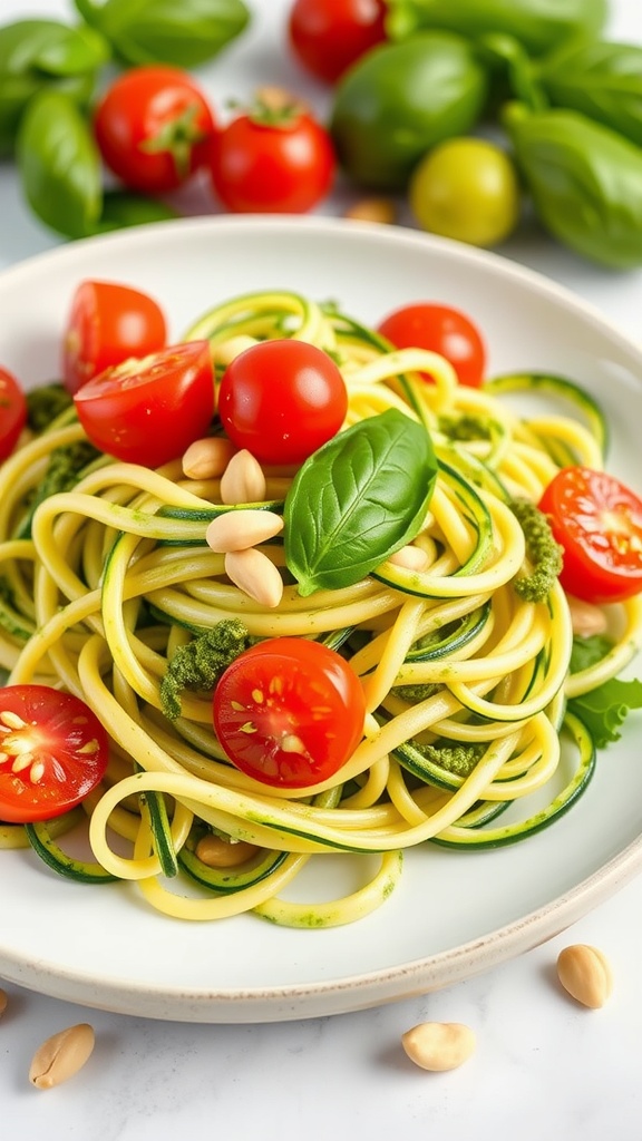 A plate of zucchini noodles topped with pesto and cherry tomatoes, garnished with basil leaves and peanuts.