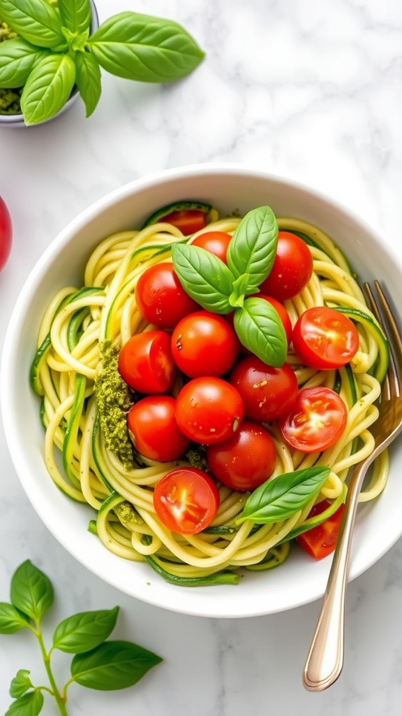 Zucchini noodles topped with pesto and cherry tomatoes in a white bowl, surrounded by fresh basil and cherry tomatoes.