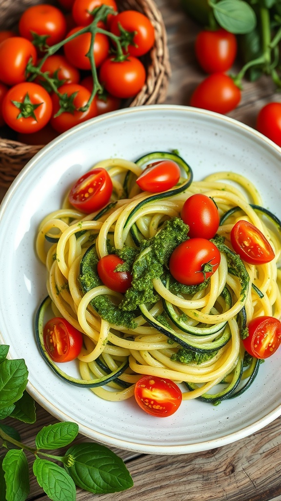 A plate of zucchini noodles topped with pesto and cherry tomatoes, with fresh tomatoes in the background.