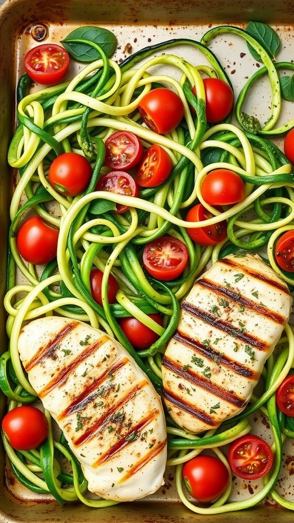 A delicious serving of zucchini noodles topped with grilled chicken and cherry tomatoes.